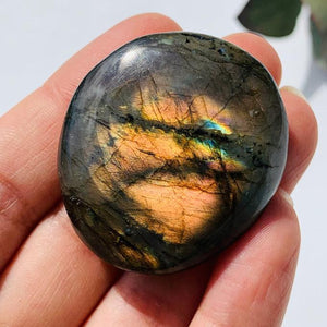 Salmon Pink Flash Labradorite Palm Stone from Madagascar