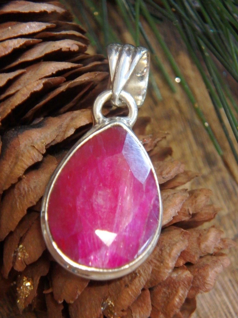 Vibrant Cranberry Faceted Ruby Gemstone Pendant in Sterling Silver (Includes Silver Chain) - Earth Family Crystals