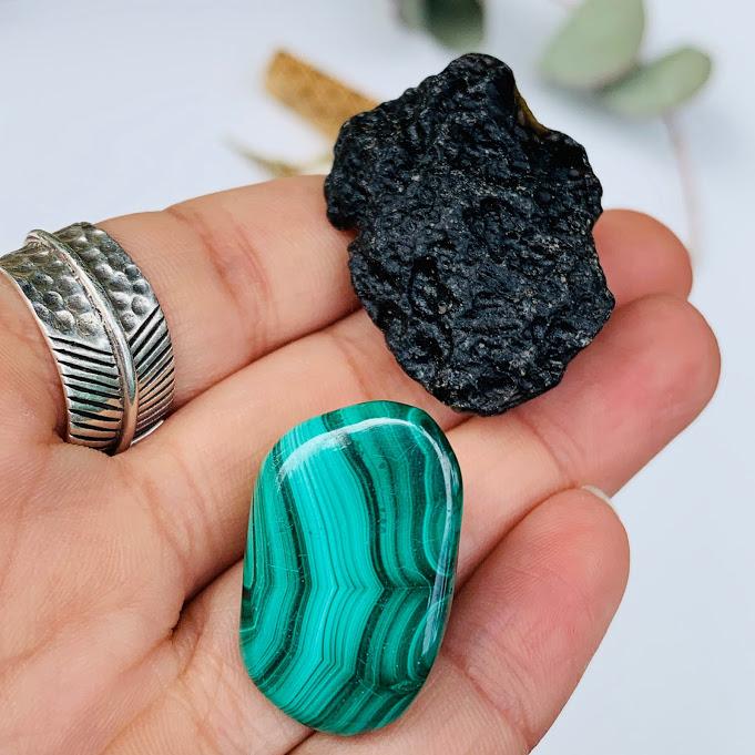 Extreme Protection- Raw Black Tektite & Polished Malachite Set - Earth Family Crystals