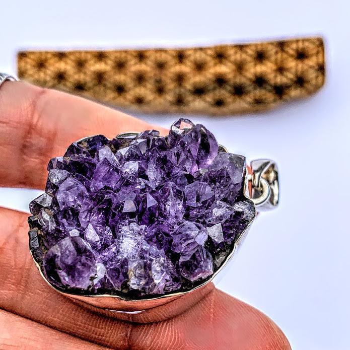 Big raw Chunky Amethyst Druzy Sterling Silver Pendant (Includes Silver Chain) - Earth Family Crystals