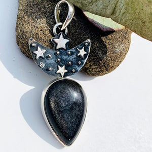 Trendy Crescent Moon & Stars Golden Sheen Obsidian Oxidized Sterling Silver Pendant (Includes Silver Chain) - Earth Family Crystals