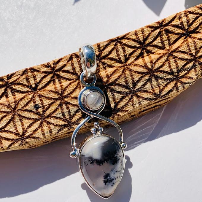 Gorgeous Dendritic Agate & Moonstone Sterling Silver Pendant (Includes Silver Chain) - Earth Family Crystals