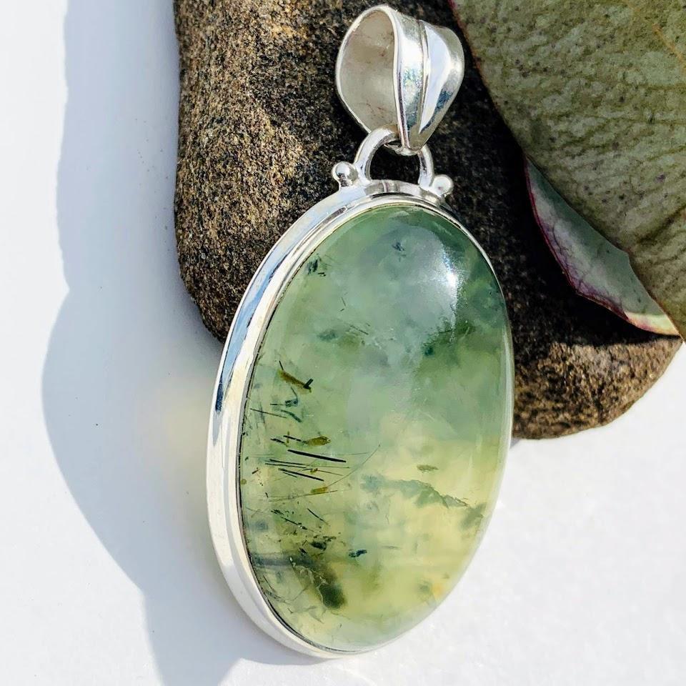 Chunky Mint Green Prehnite & Epidot Thread Included  Sterling Silver Pendant (Includes Silver Chain) - Earth Family Crystals