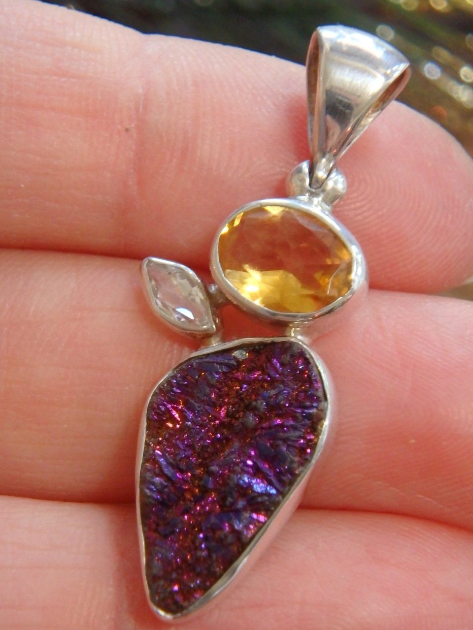 Stunning Pink Titanium Druzy, Faceted Citrine & White Topaz Gemstone Pendant in Sterling Silver (Includes Silver Chain) - Earth Family Crystals