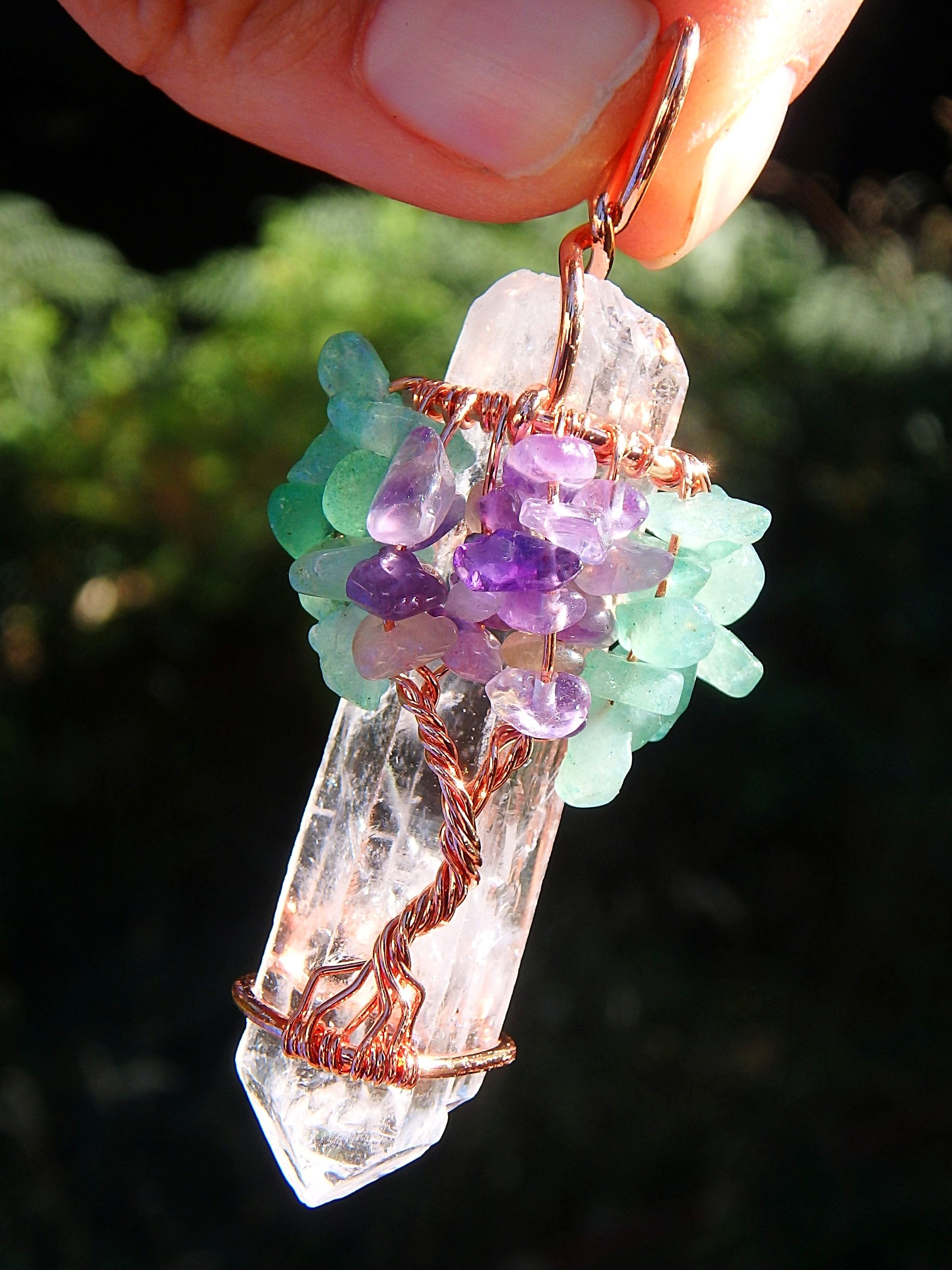 Tree of Life Wire Wrapped Clear Quartz Pendant with Aventurine & Amethyst Beads - Earth Family Crystals