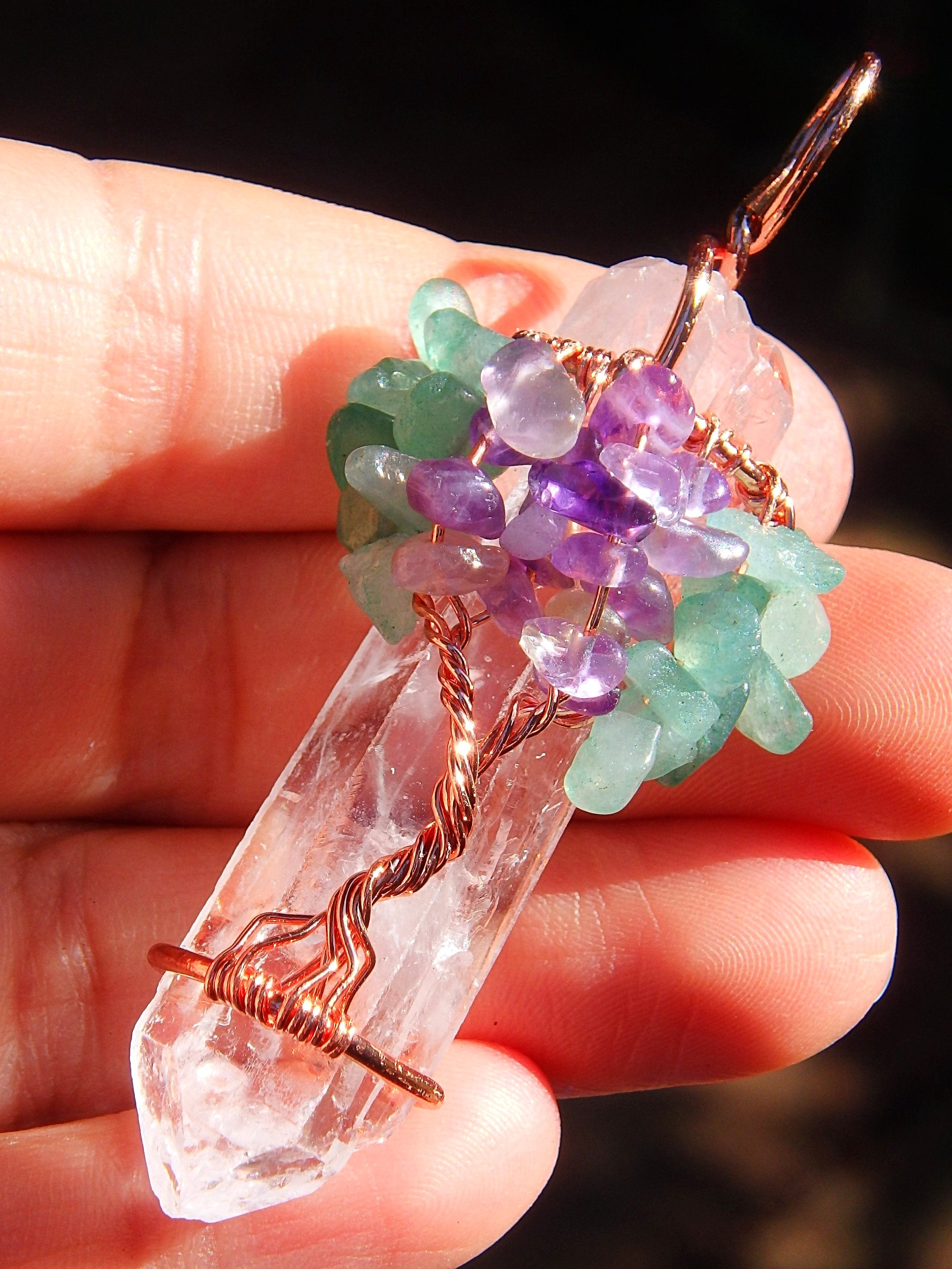 Tree of Life Wire Wrapped Clear Quartz Pendant with Aventurine & Amethyst Beads - Earth Family Crystals