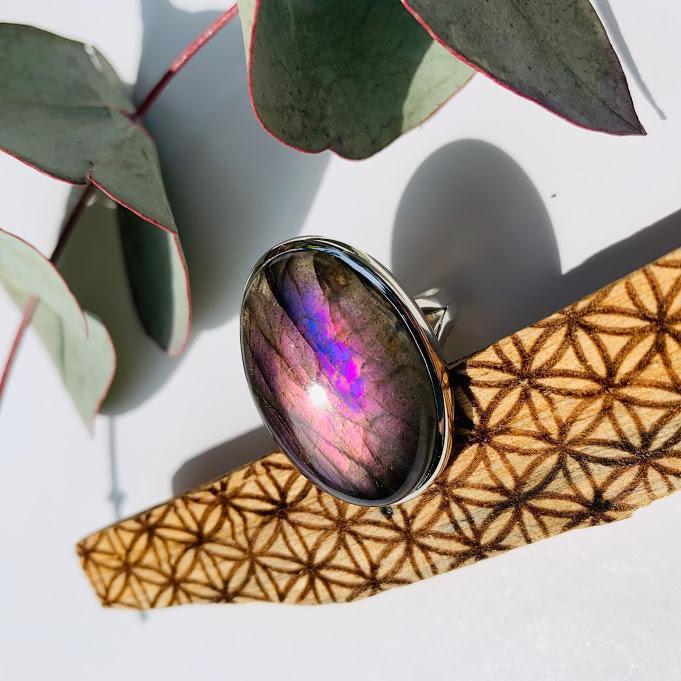 Electric Pink  Flash Labradorite Ring in Sterling Silver (Size 9) - Earth Family Crystals