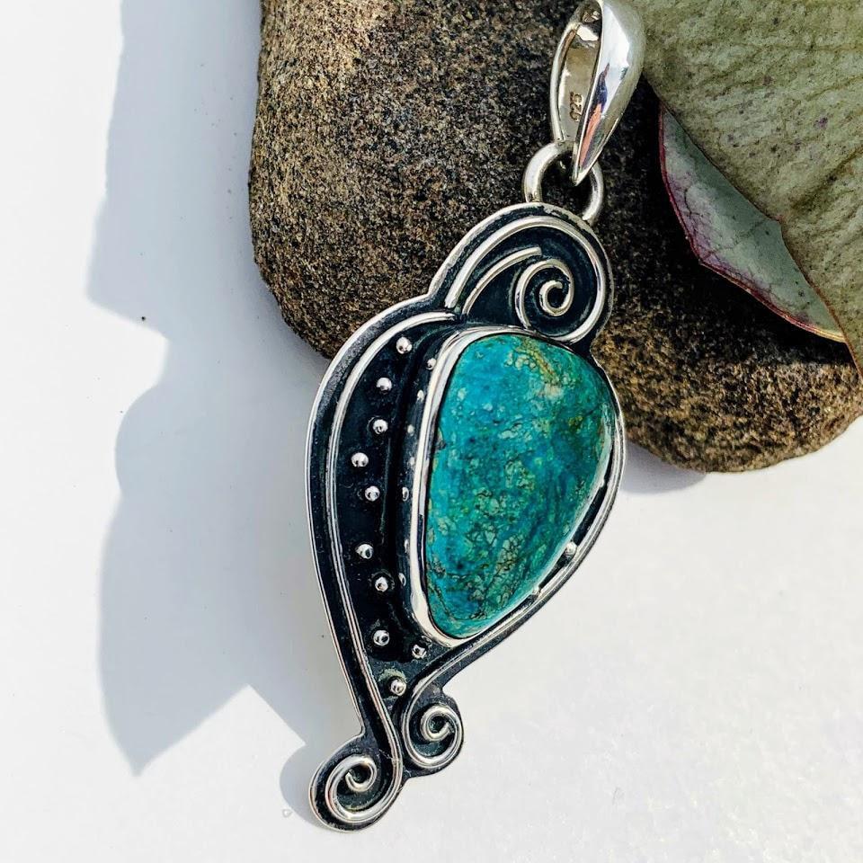 Elegant  Blue Chrysocolla Sterling Silver Pendant (Includes Silver Chain) - Earth Family Crystals