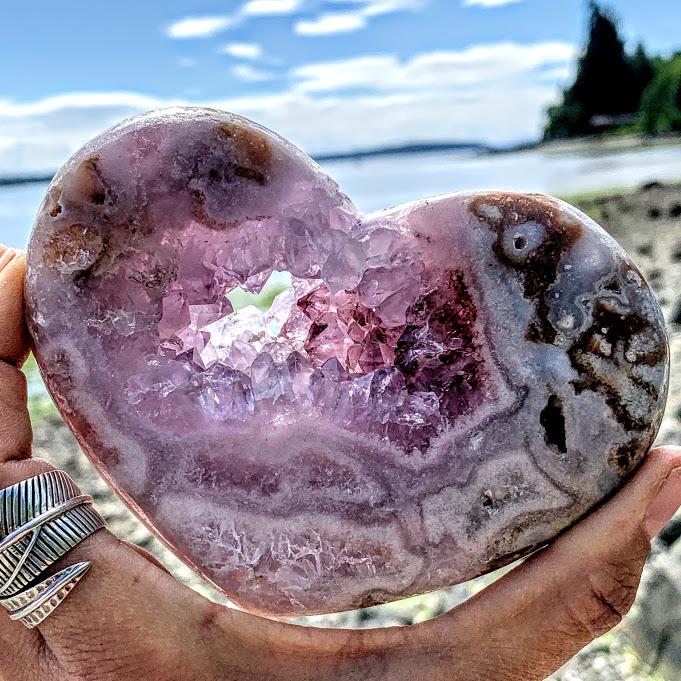 XL Pink & Purple Amethyst Druzy Geode Heart Carving - Earth Family Crystals