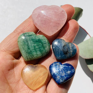 Set of 5 Mini Hearts-Rose Quartz, Golden Fluorite, Lapis Lazuli, Blue Kyanite, Green Aquamarine Carvings