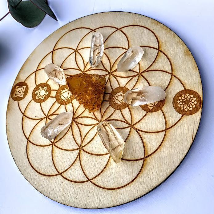 Crystal Mandala Set -Includes Flower of Life Birch Wood Board, Natural Golden Spirit Quartz & 6 Golden Healer Quartz Points - Earth Family Crystals