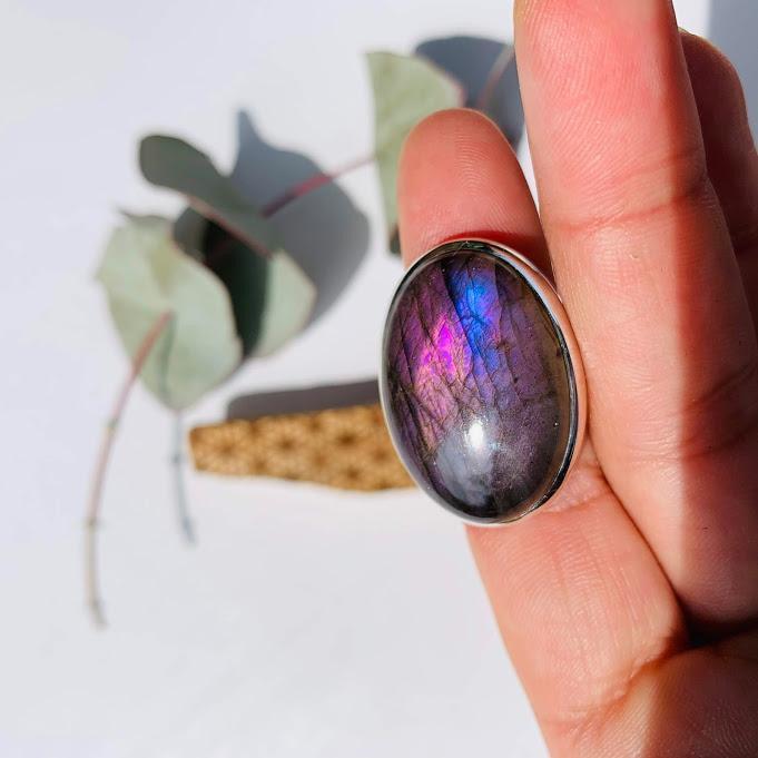 Electric Pink  Flash Labradorite Ring in Sterling Silver (Size 9) - Earth Family Crystals
