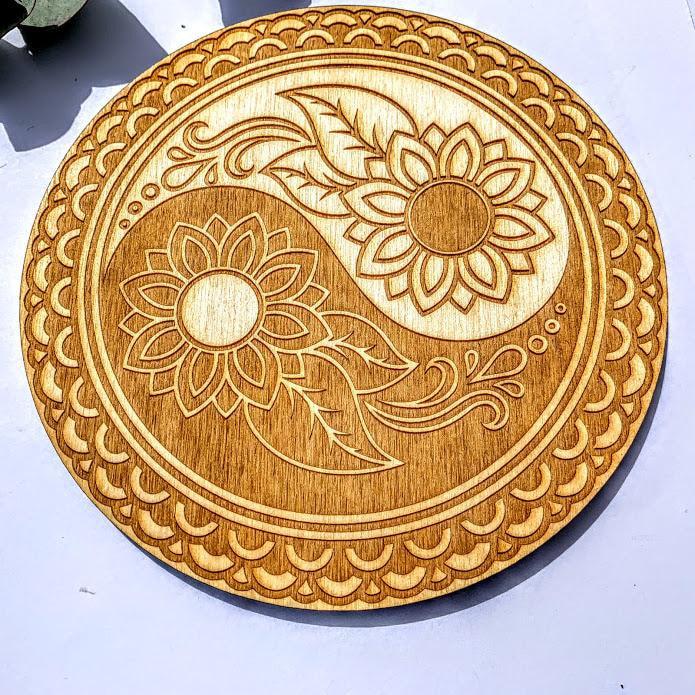 Crystal Mandala Set -Includes Yin/Yang Birch Wood Board, Natural Golden Spirit Quartz & 6 Golden Healer Quartz Points - Earth Family Crystals