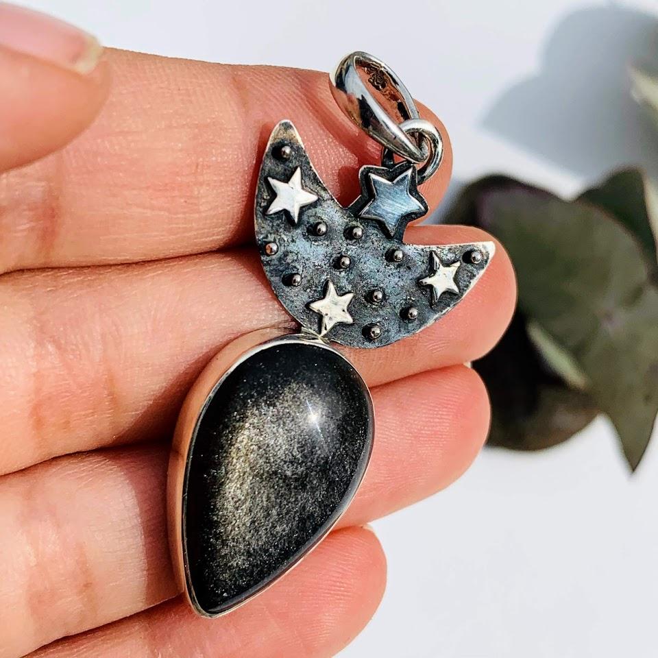 Trendy Crescent Moon & Stars Golden Sheen Obsidian Oxidized Sterling Silver Pendant (Includes Silver Chain) - Earth Family Crystals