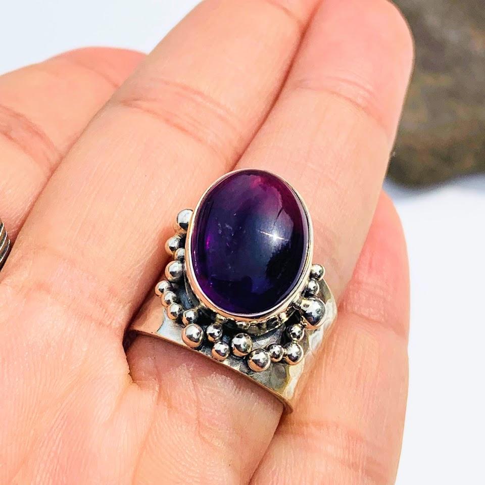 Mesmerizing Deep Purple Amethyst Sterling Silver Ring (Size 6) - Earth Family Crystals