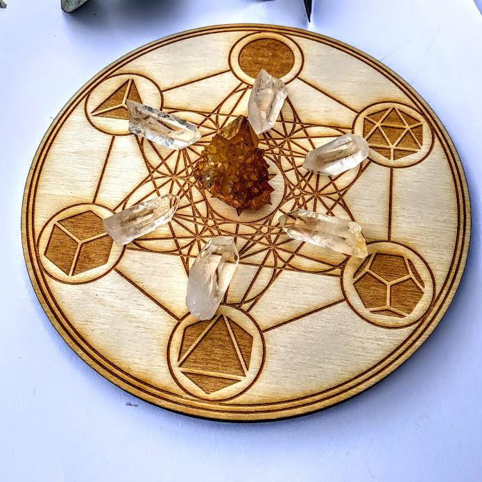 Crystal Mandala Set -Includes Metatron's Cube Birch Wood Board, Natural Golden Spirit Quartz & 6 Golden Healer Quartz Points - Earth Family Crystals